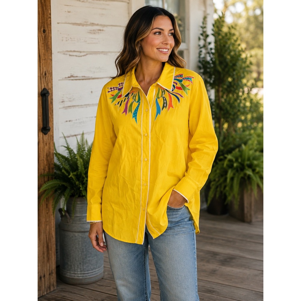 Bob Mackie Wearable Art 1X NWT Yellow Embroidered Ribbon Shirt Maximalist
